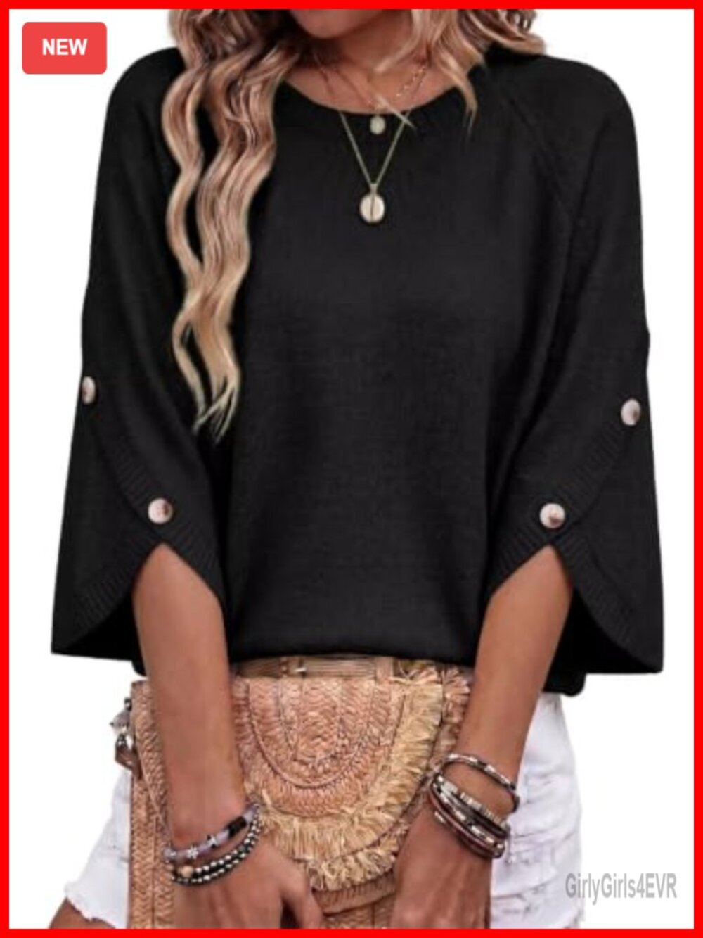 Women's Oversized 3/4 Sleeve Button Crewneck Knit Pullover Sweater